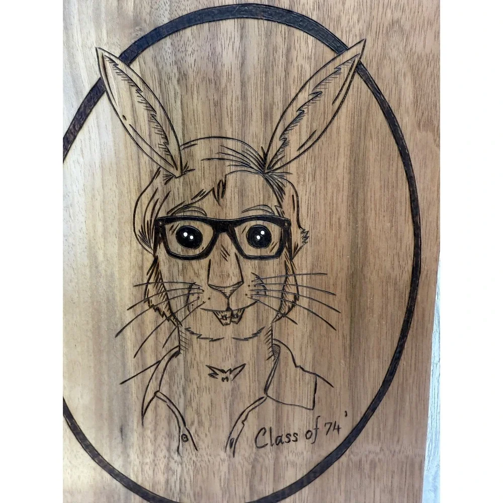 Handcrafted Harold Rabbit Class of 74 Wood Burned Live Edge Wall Plaque Art